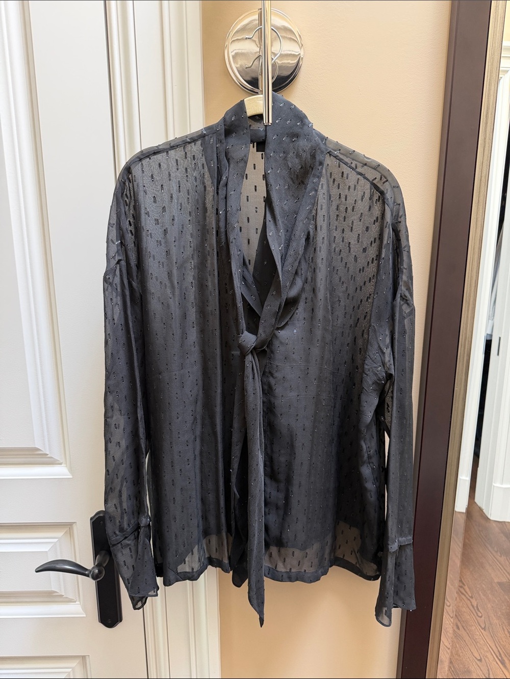Theory Black Sheer Tie-Neck blouse